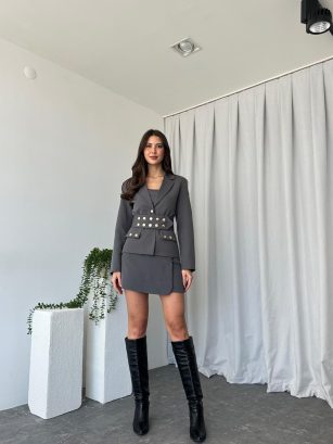 Kadın Füme Chester Etek-Ceket-Crop Takım