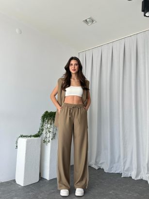 Kadın Amelia Vizon Çizgili Pantolon