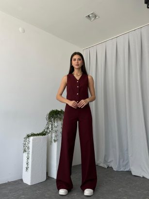 Kadın Keten Bordo Shay Takım