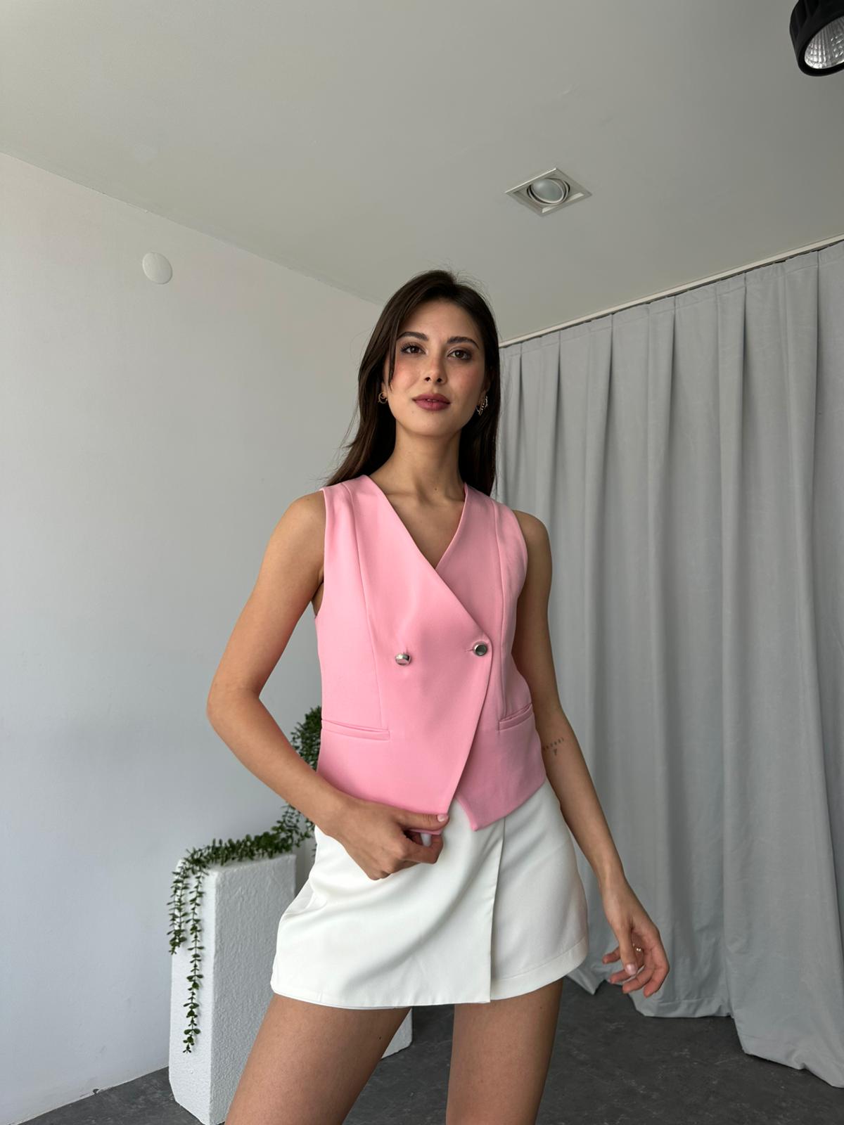 Kadın Pembe Asimetrik Kesim Yelek - Görsel 3