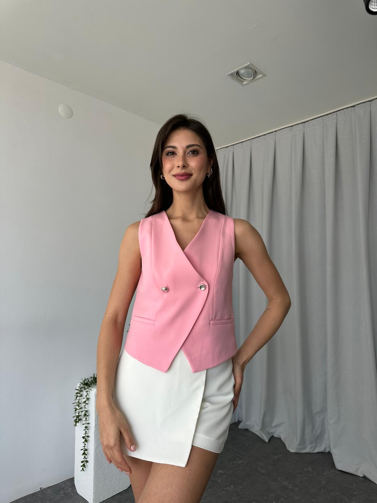 Kadın Pembe Asimetrik Kesim Yelek - Görsel 4