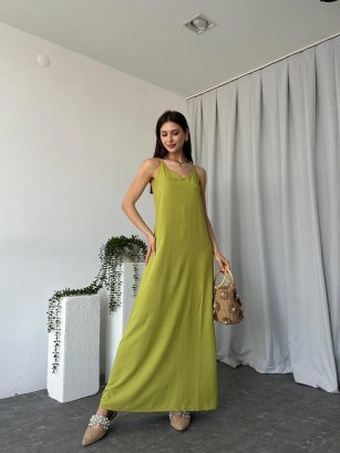 Kadın Zeta Yağ Yeşili Keten Elbise