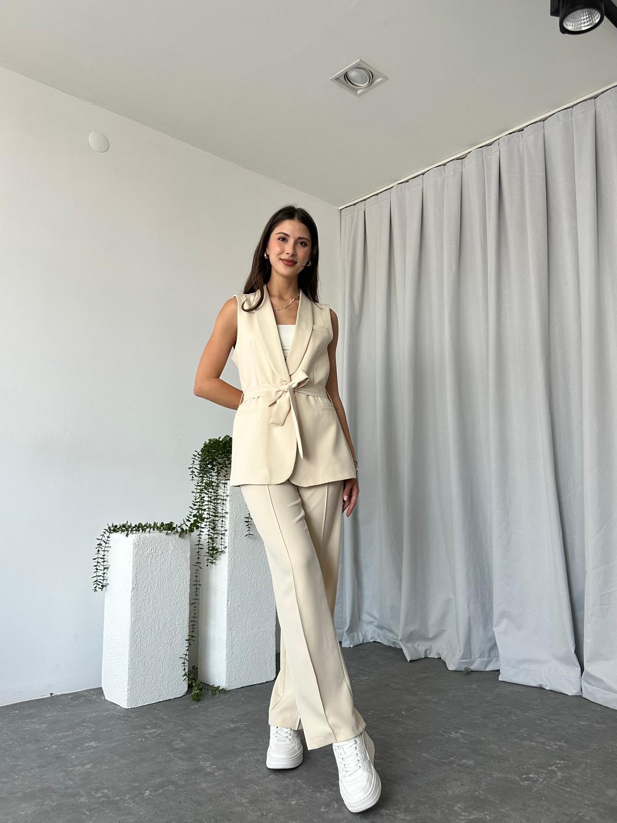 Kadın Leila Krem Yelek Pantolon Takım - Görsel 5