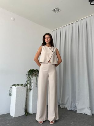 Kadın Babs Taş Rengi Yelekli Takım