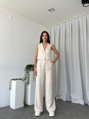 Kadın Alice Çizgili Krem Yelekli Takım