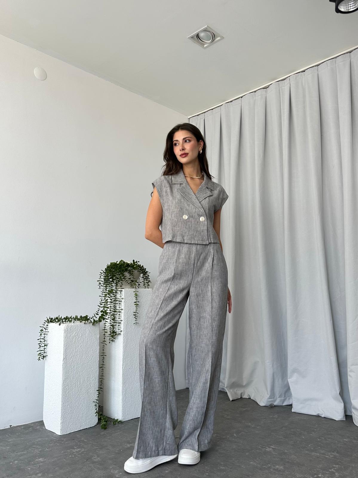 Kadın Ellen Keten Gri Yelekli Takım - Görsel 3