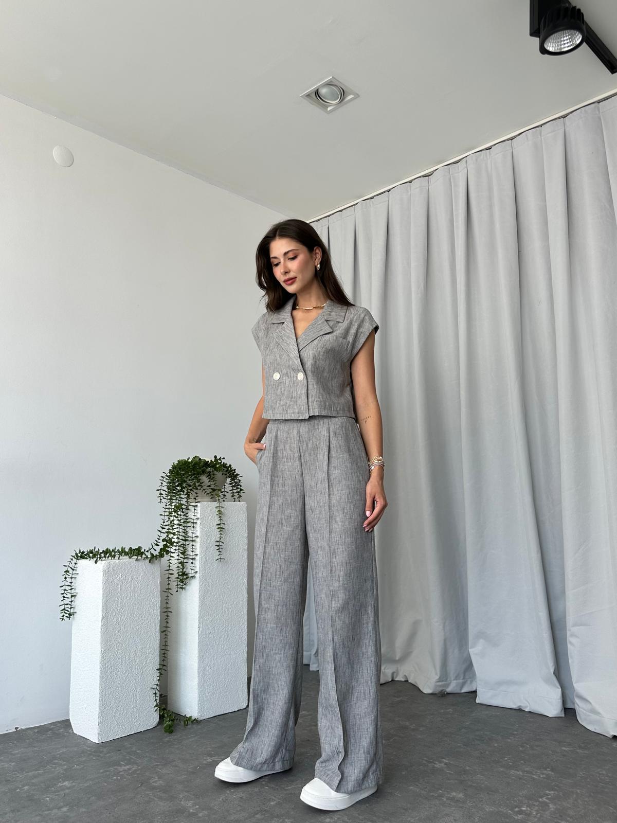 Kadın Ellen Keten Gri Yelekli Takım - Görsel 4