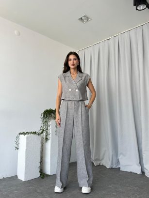 Kadın Ellen Keten Gri Yelekli Takım