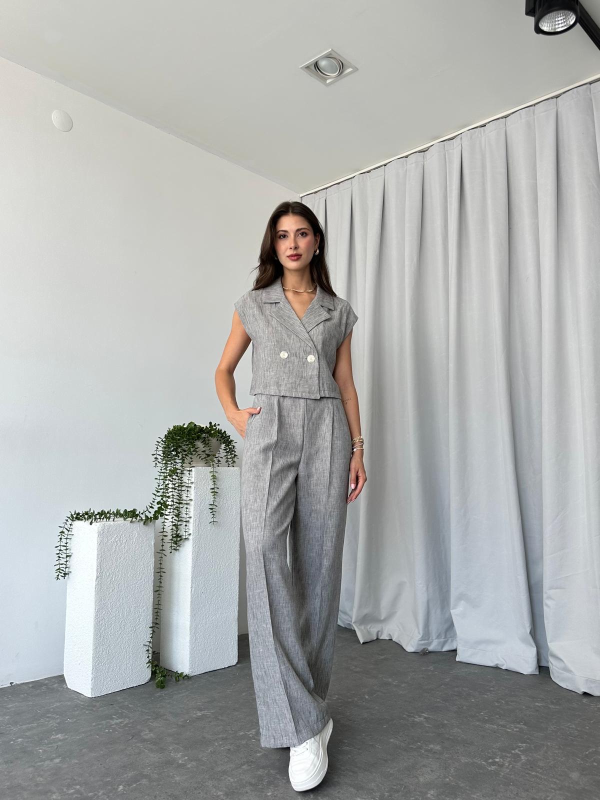 Kadın Ellen Keten Gri Yelekli Takım - Görsel 7