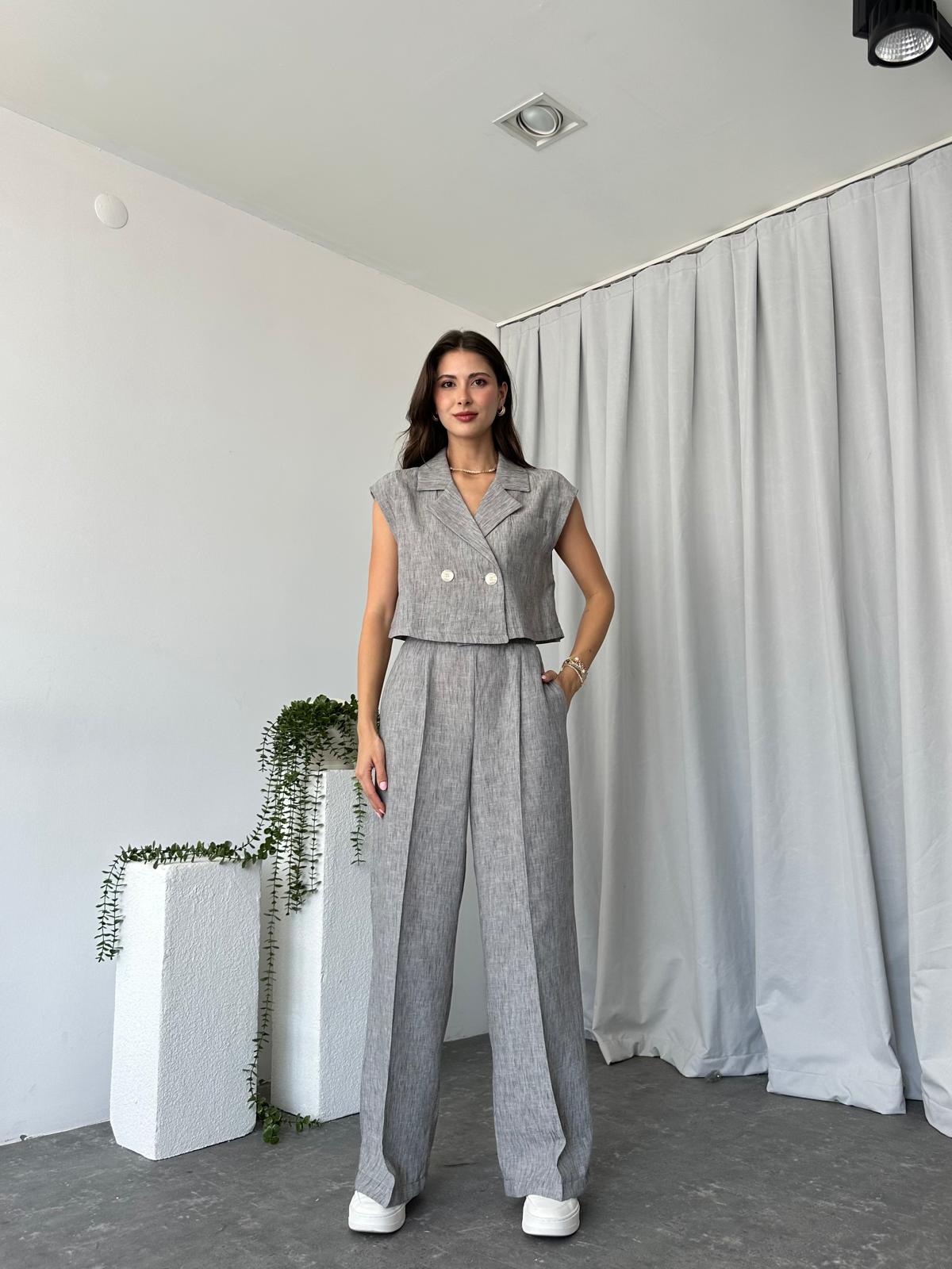 Kadın Ellen Keten Gri Yelekli Takım