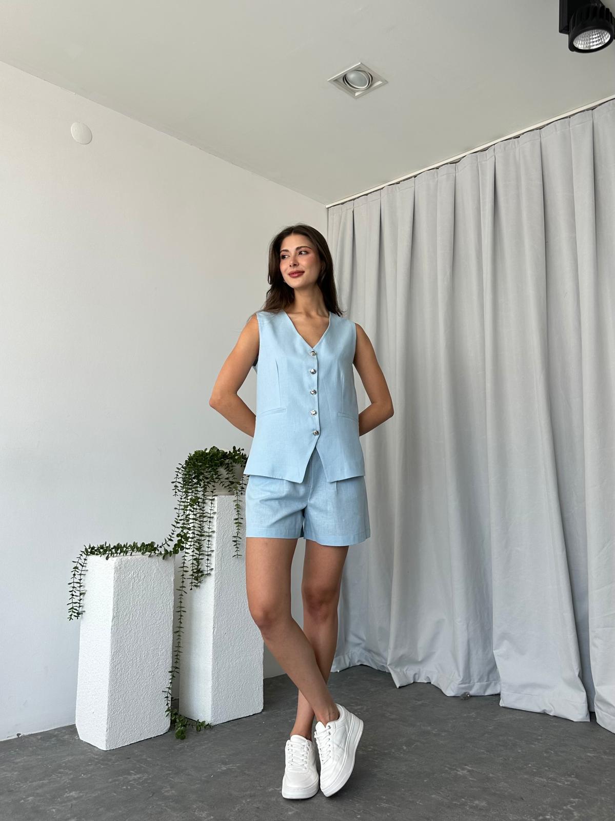Kadın Hazel Keten Bebek Mavisi Şort Takım - Görsel 2