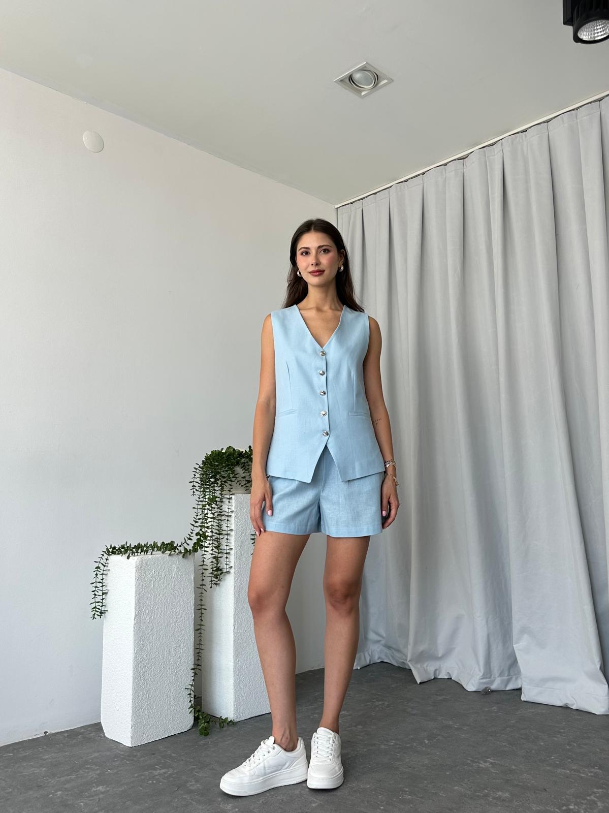 Kadın Hazel Keten Bebek Mavisi Şort Takım - Görsel 7