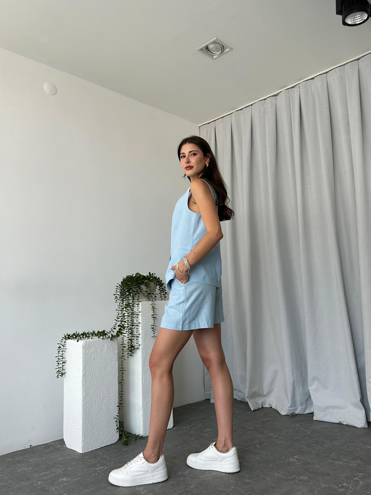 Kadın Hazel Keten Bebek Mavisi Şort Takım - Görsel 9