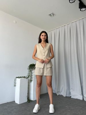 Kadın Hazel Keten Taş Rengi Şort Takım