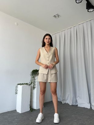 Kadın Hazel Keten Taş Rengi Şort Takım