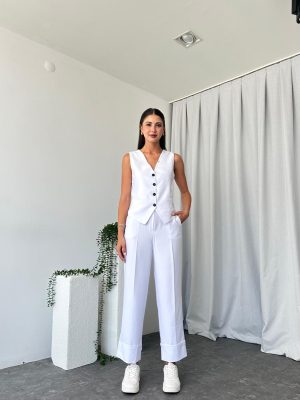 Kadın Beyaz Double Paça Pantalon-Yelek Takım