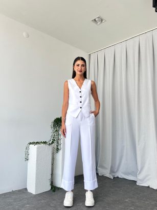 Kadın Beyaz Double Paça Pantalon-Yelek Takım