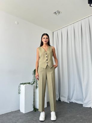 Kadın Haki Double Paça Pantalon-Yelek Takım