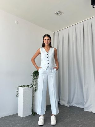 Kadın Bebek Mavisi Double Paça Pantalon-Yelek Takım