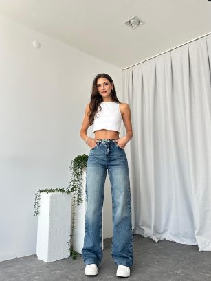 Kadın Mid Blue Wide Leg Jean
