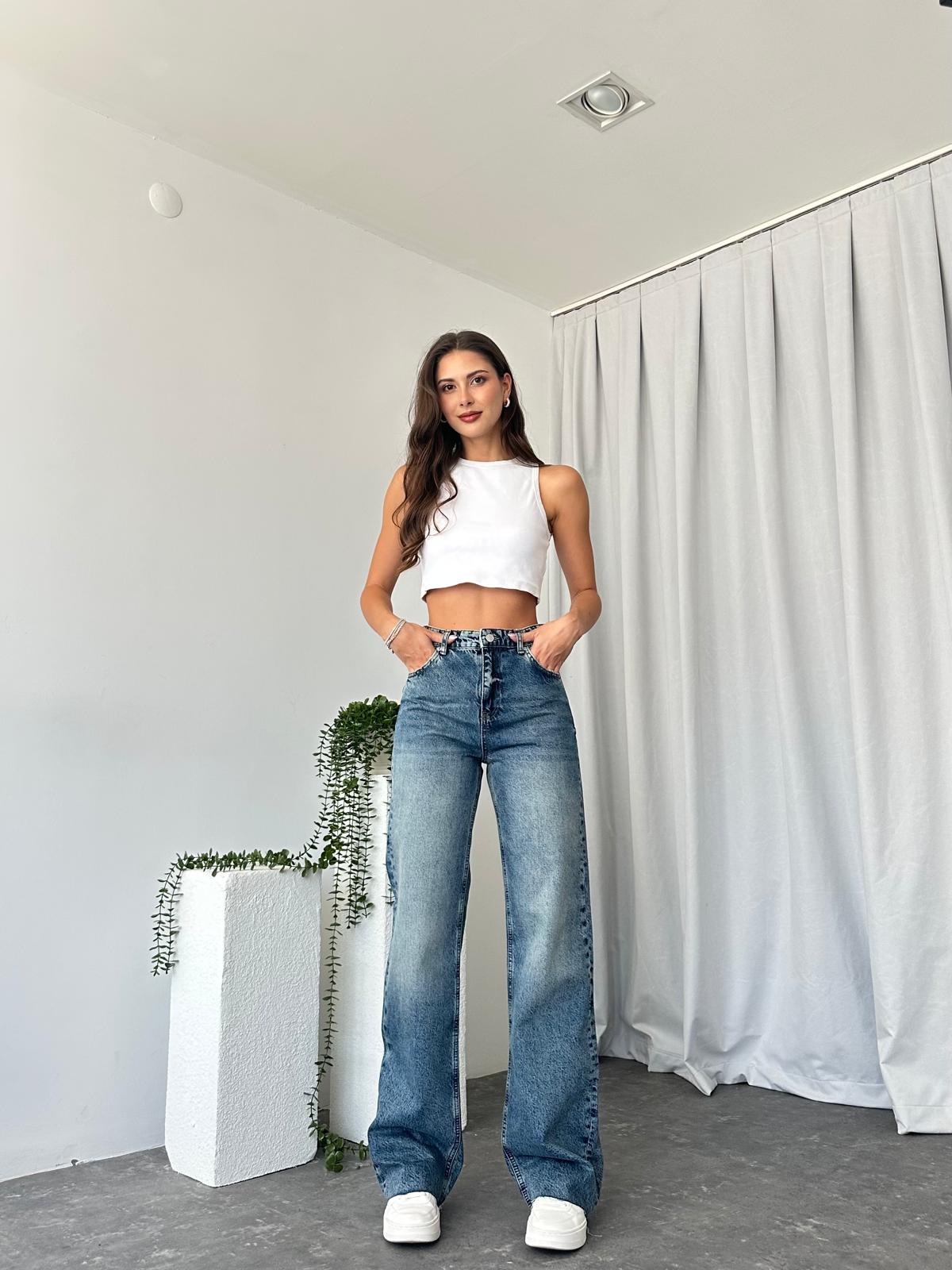 Kadın Mid Blue Wide Leg Jean