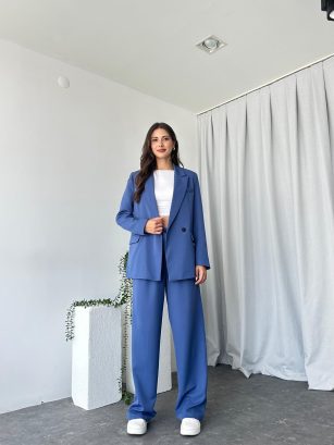 Kadın Mavi Oversize Ceket Pantolon Takım