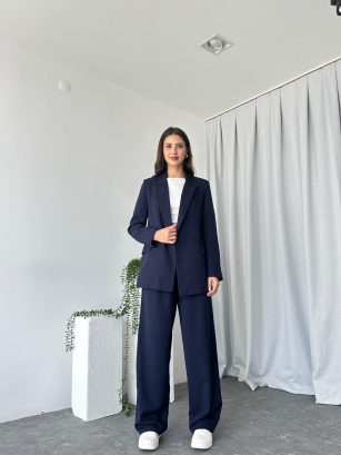 Kadın Lacivert Oversize Ceket Pantolon Takım