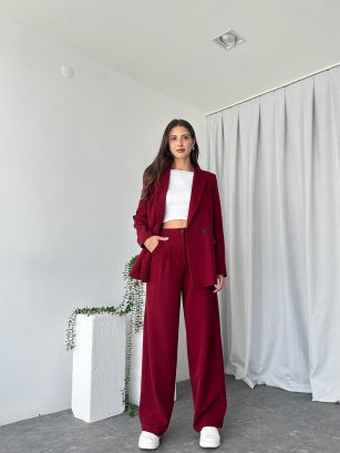 Kadın Bordo Oversize Ceket Pantolon Takım