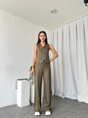 Kadın Haki Mira Çizgili Yelek-Takım