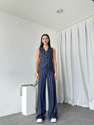 Kadın Lacivert Mira Çizgili Yelek-Takım