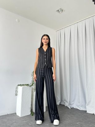 Kadın Siyah Mira Çizgili Yelek-Takım