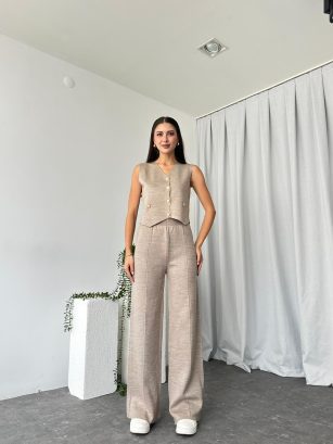 Kadın Taş Rengi Triko Yelek-Pantolon Takım