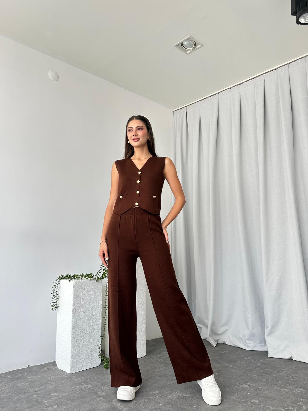 Kadın Kahverengi Triko Yelek-Pantolon Takım - Görsel 8