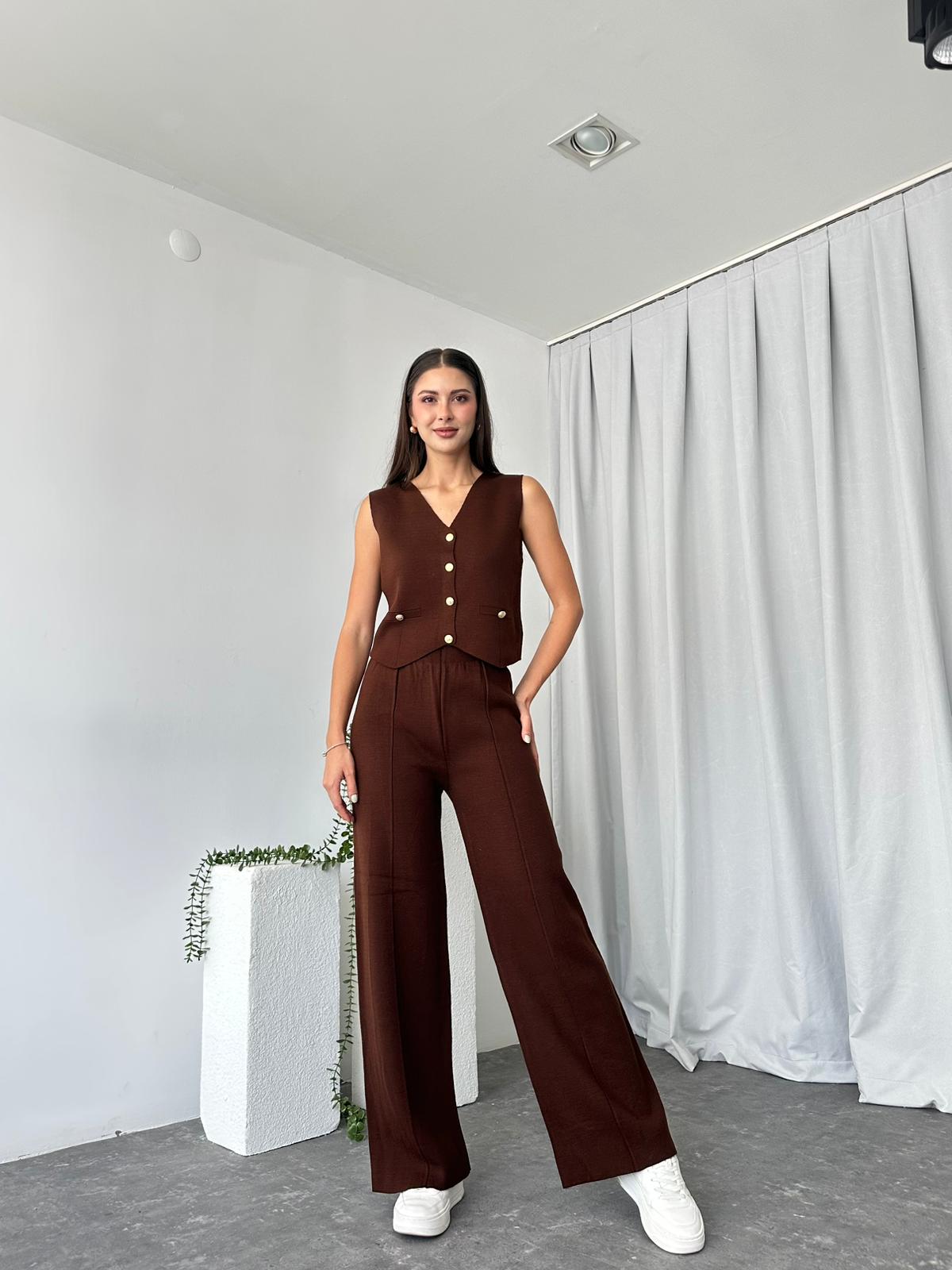 Kadın Kahverengi Triko Yelek-Pantolon Takım - Görsel 9