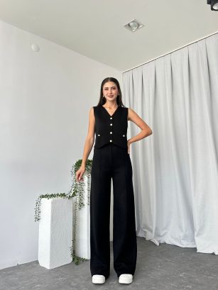 Kadın Siyah Triko Yelek-Pantolon Takım