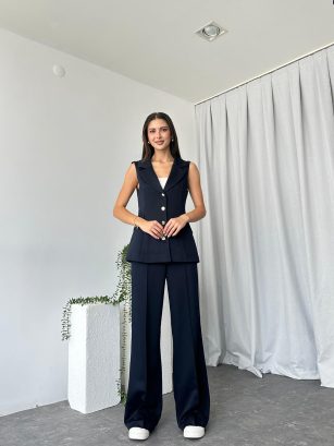 Kadın Lacivert Elenie Yün Efekt Yelek-Takım