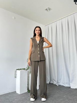 Kadın Haki Elenie Yün Efekt Yelek-Takım