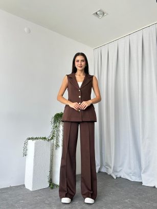 Kadın Kahverengi Elenie Yün Efekt Yelek-Takım