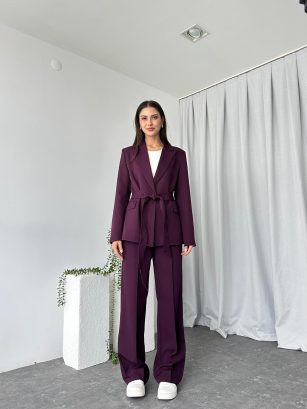 Kadın Mürdüm Kuşaklı Ceket Pantolon Takım