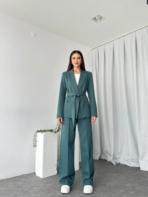 Kadın Yeşil Kuşaklı Ceket Pantolon Takım