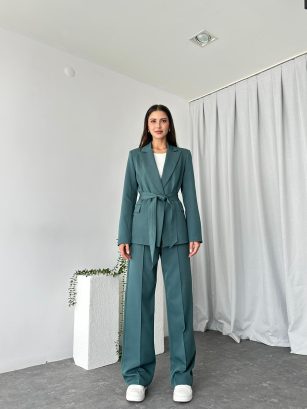 Kadın Yeşil Kuşaklı Ceket Pantolon Takım