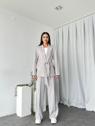 Kadın Gri Kuşaklı Ceket Pantolon Takım