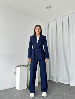 Kadın Lacivert Kuşaklı Ceket Pantolon Takım