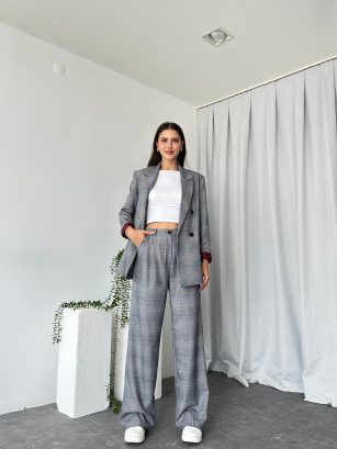 Kadın Gri Ekose  Ceket Pantolon Takım