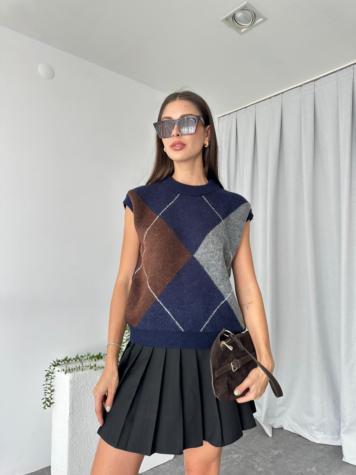 Lacivert Baklava Desen Süveter - Görsel 9