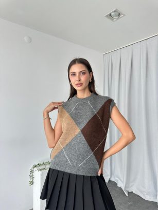 Gri Baklava Desen Süveter