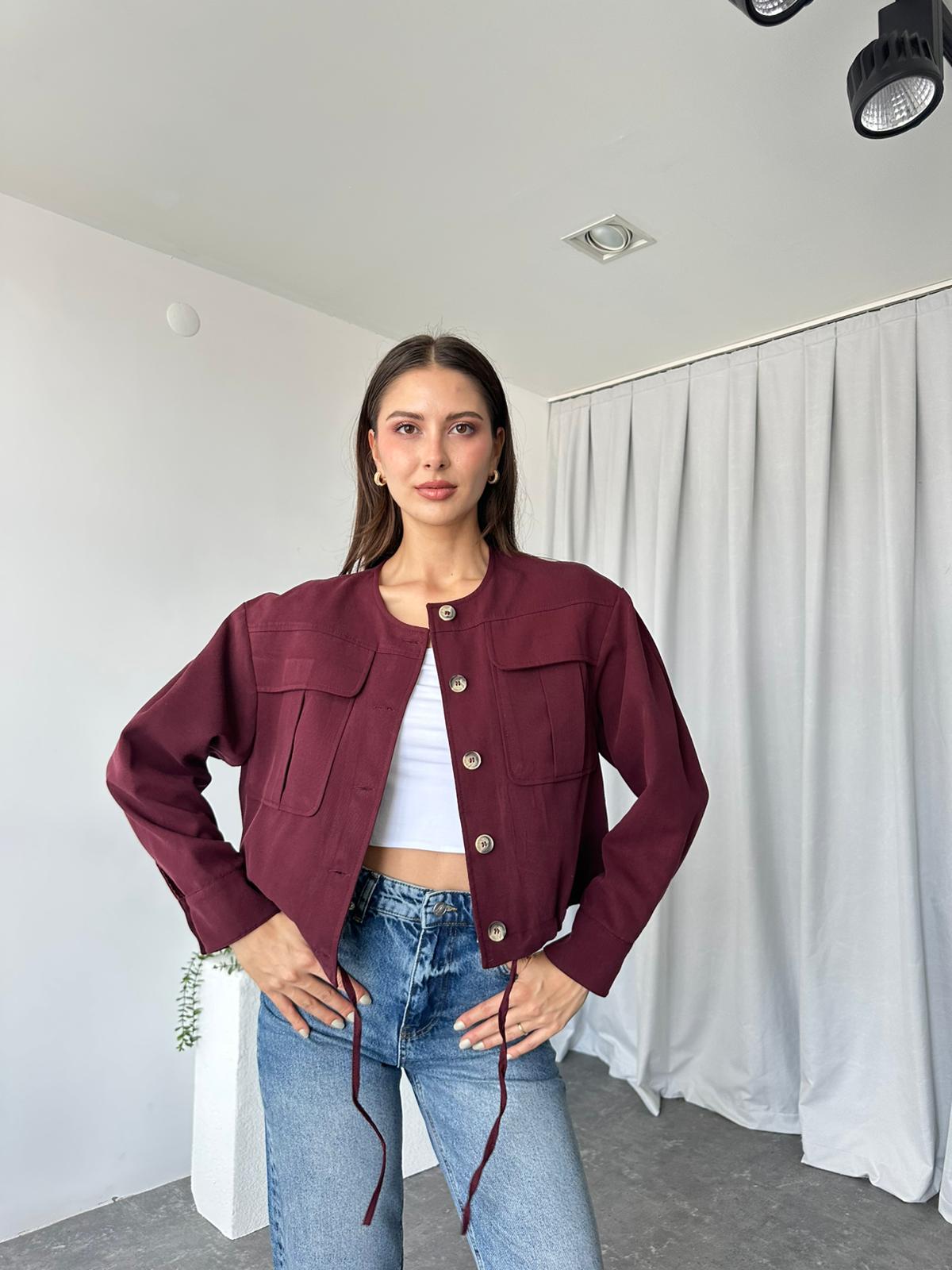 Kadın Bordo Cepli Kısa Ceket - Görsel 3
