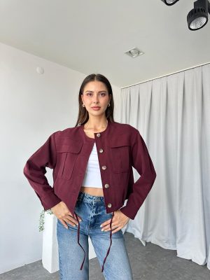 Kadın  Bordo Cepli Kısa Ceket