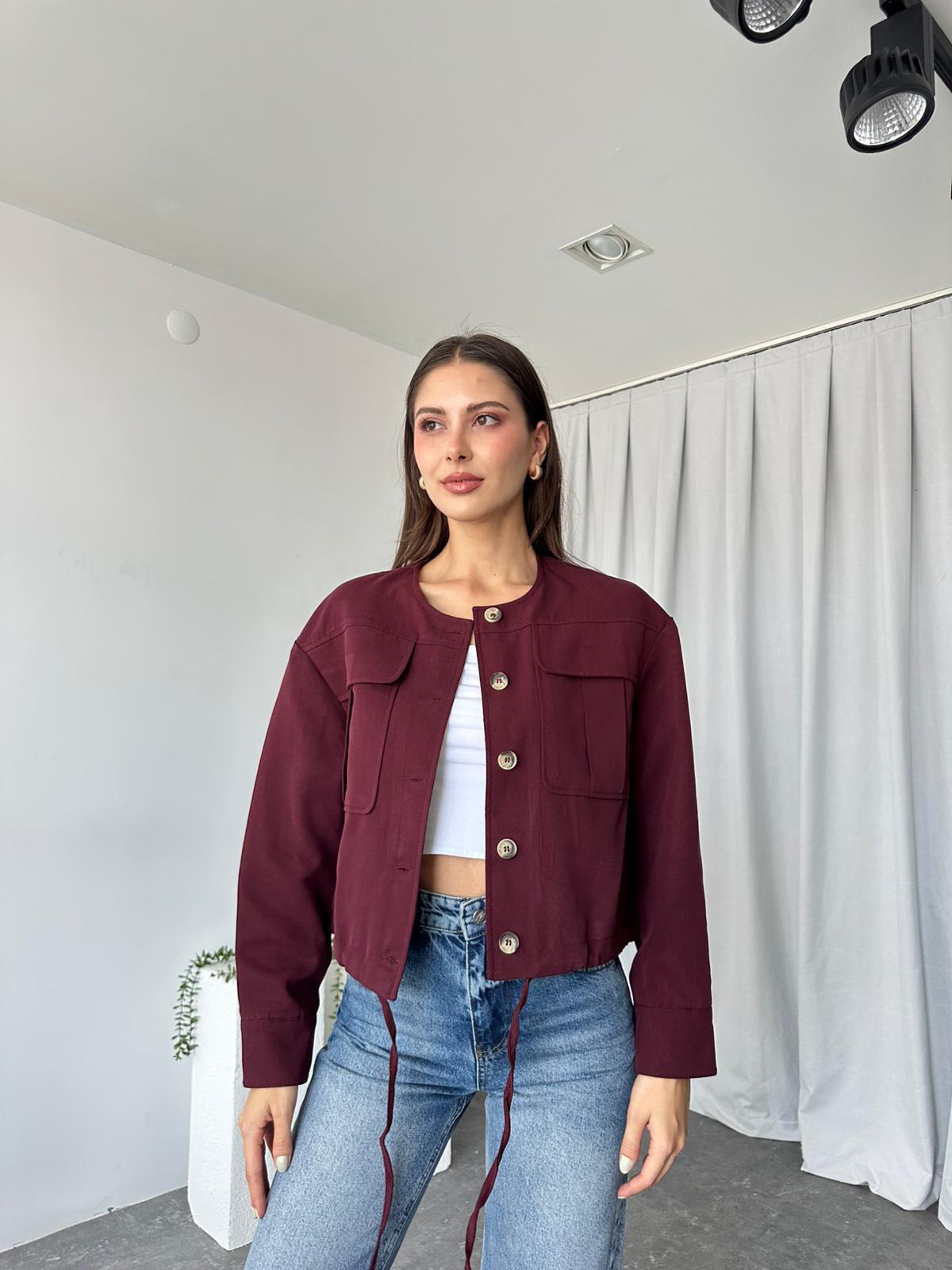 Kadın Bordo Cepli Kısa Ceket - Görsel 4