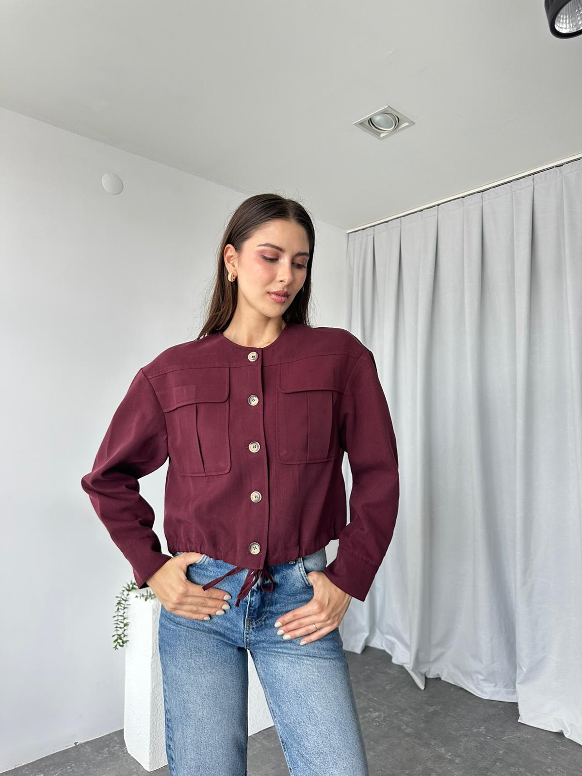 Kadın Bordo Cepli Kısa Ceket - Görsel 5